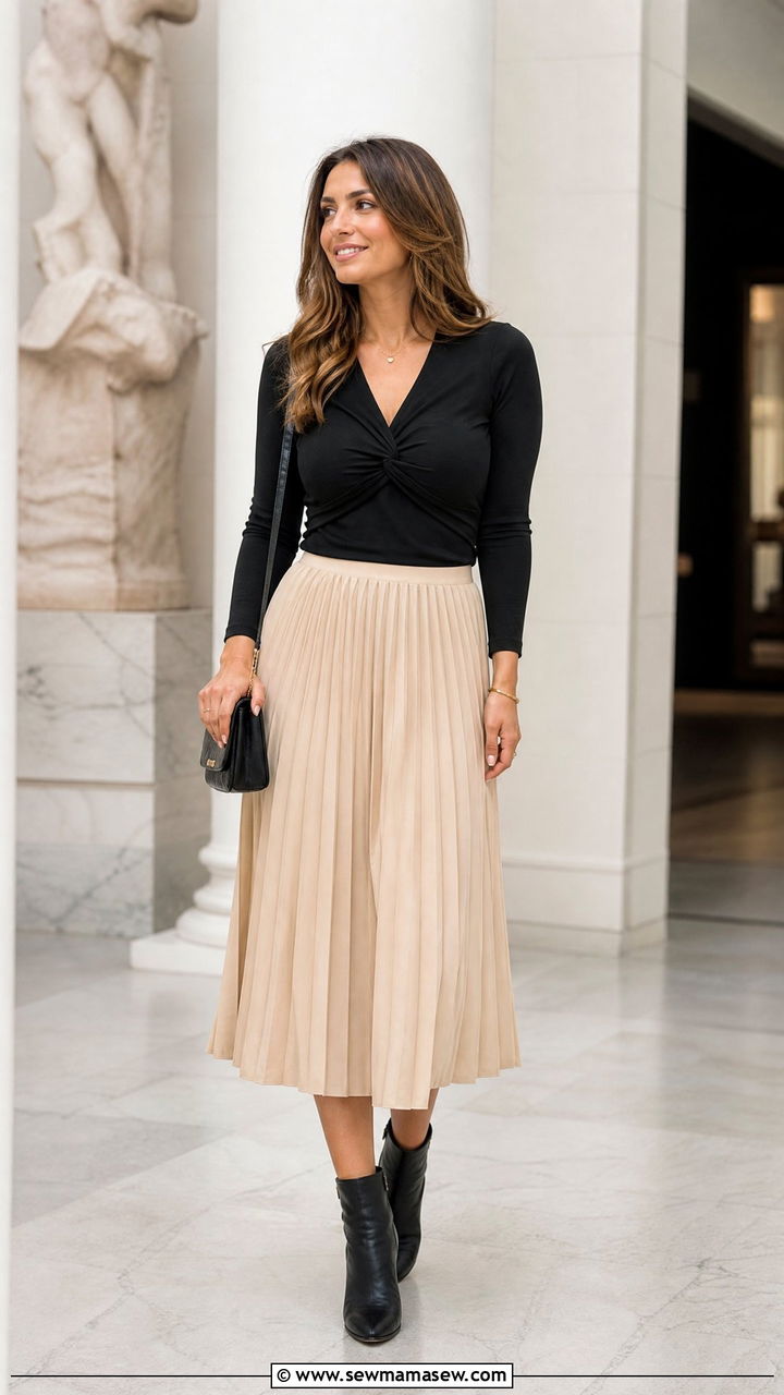 Twist Front Top With Pleated Midi Skirt - 20 twist front top outfit ideas
