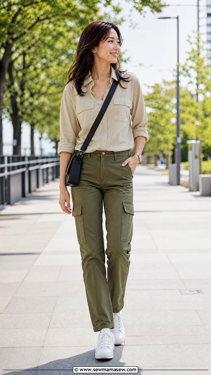 Utility Shirt Top With Cargo Pants - 20 tops to hide belly outfit ideas