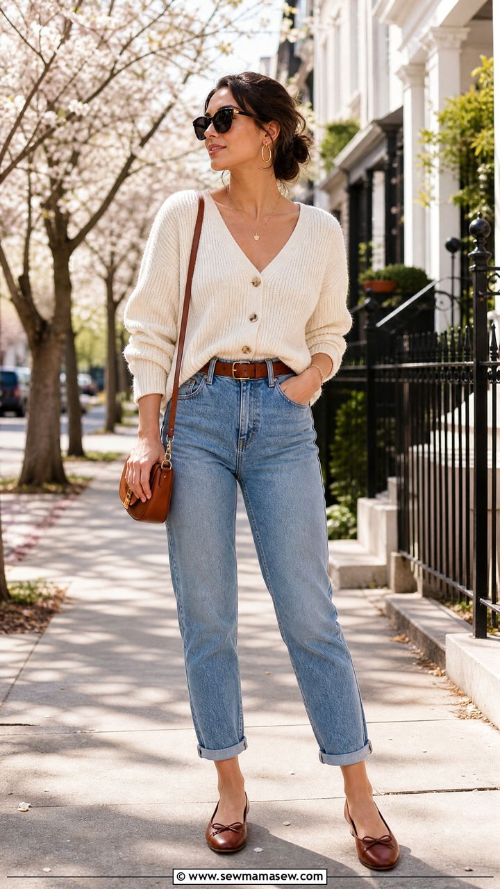 V Neck Cardigan Top With Mom Jeans - 20 v neck top outfit ideas