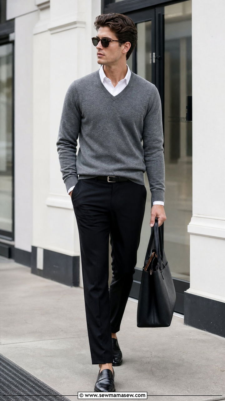 V Neck Sweater Outfit With Button Down Shirt - 20 sweater outfit ideas