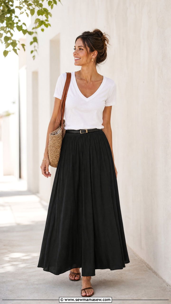 V Neck T Shirt With Maxi Skirt - 20 v neck t shirt outfit ideas