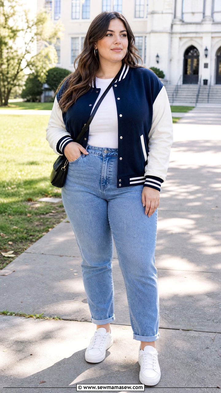 Varsity Bomber Jacket With Mom Jeans - 20 plus size bomber jacket outfit ideas