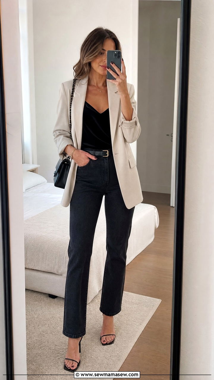 Velvet Cami Top With Blazer And Jeans - 20 velvet top outfit ideas