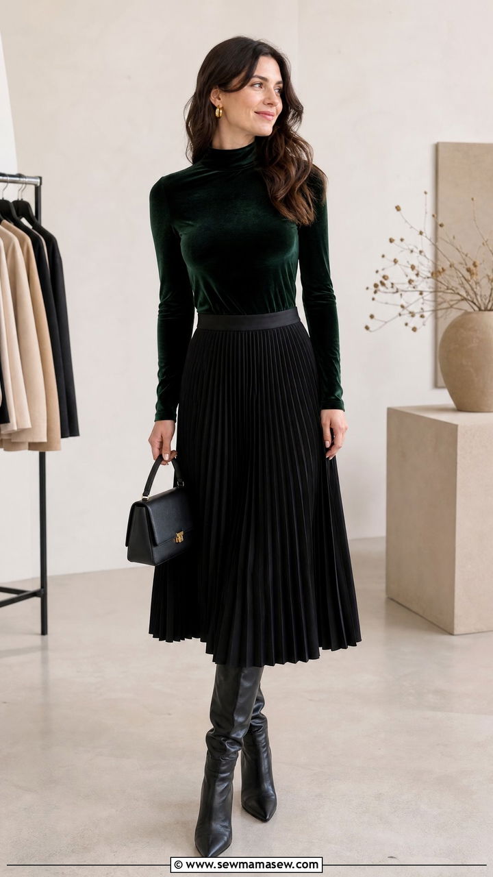 Velvet Mock Neck Top With Midi Skirt - 20 velvet top outfit ideas