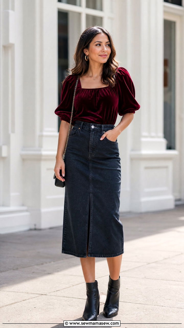 Velvet Puff Sleeve Top With Denim Skirt - 20 velvet top outfit ideas