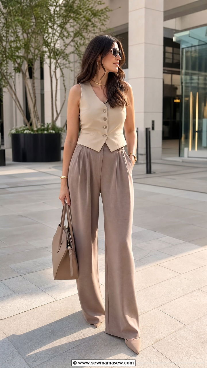 Vest Top With Pleated Pants - 20 vest top outfit ideas