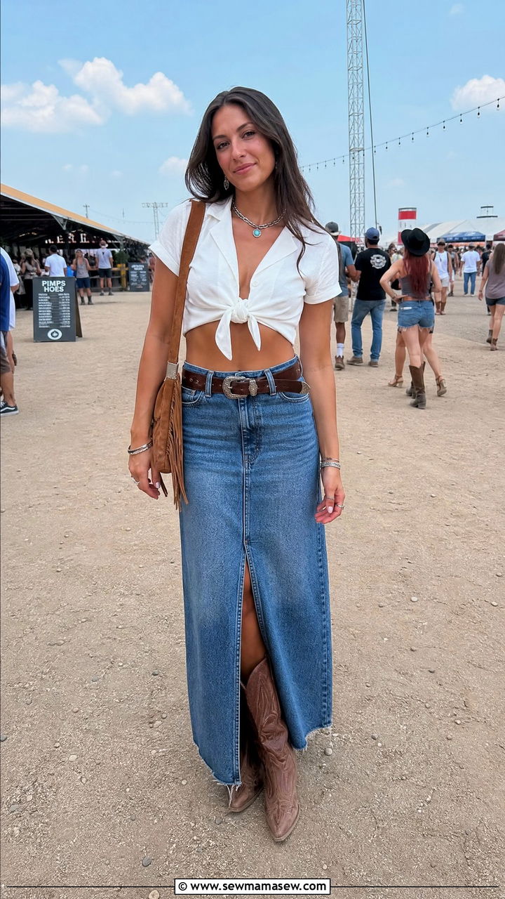 Western Crop Top With Denim Maxi Skirt - 20 crop top with denim maxi skirt outfit ideas