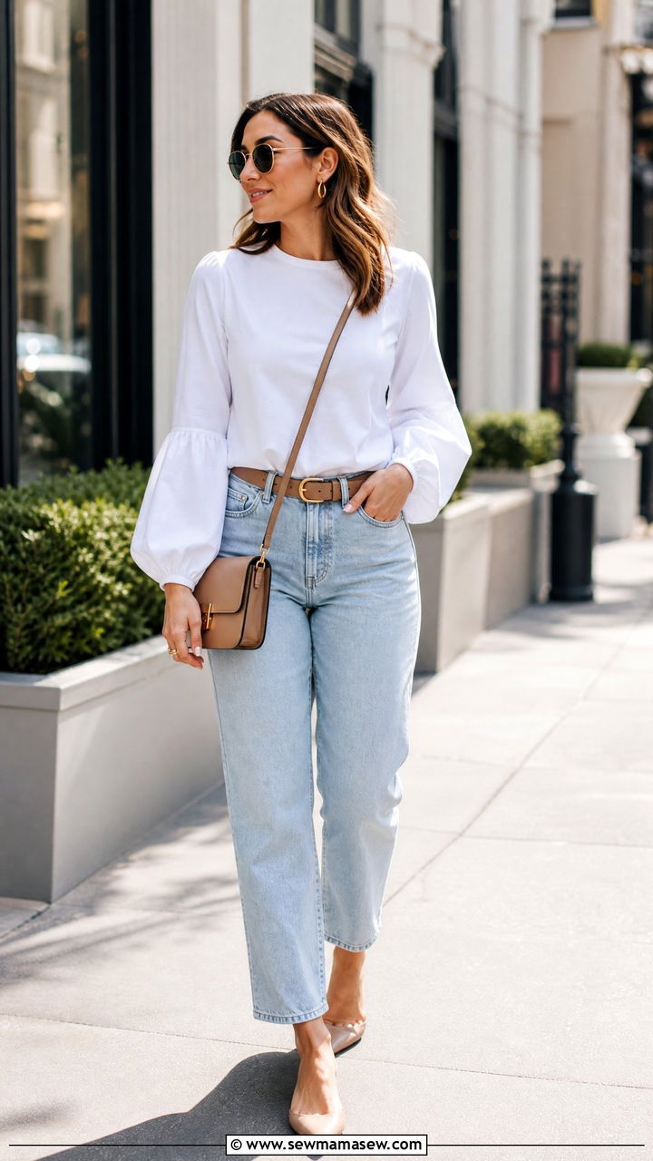 White Balloon Sleeve Top With Straight Leg Jeans - 20 balloon sleeve top outfit ideas