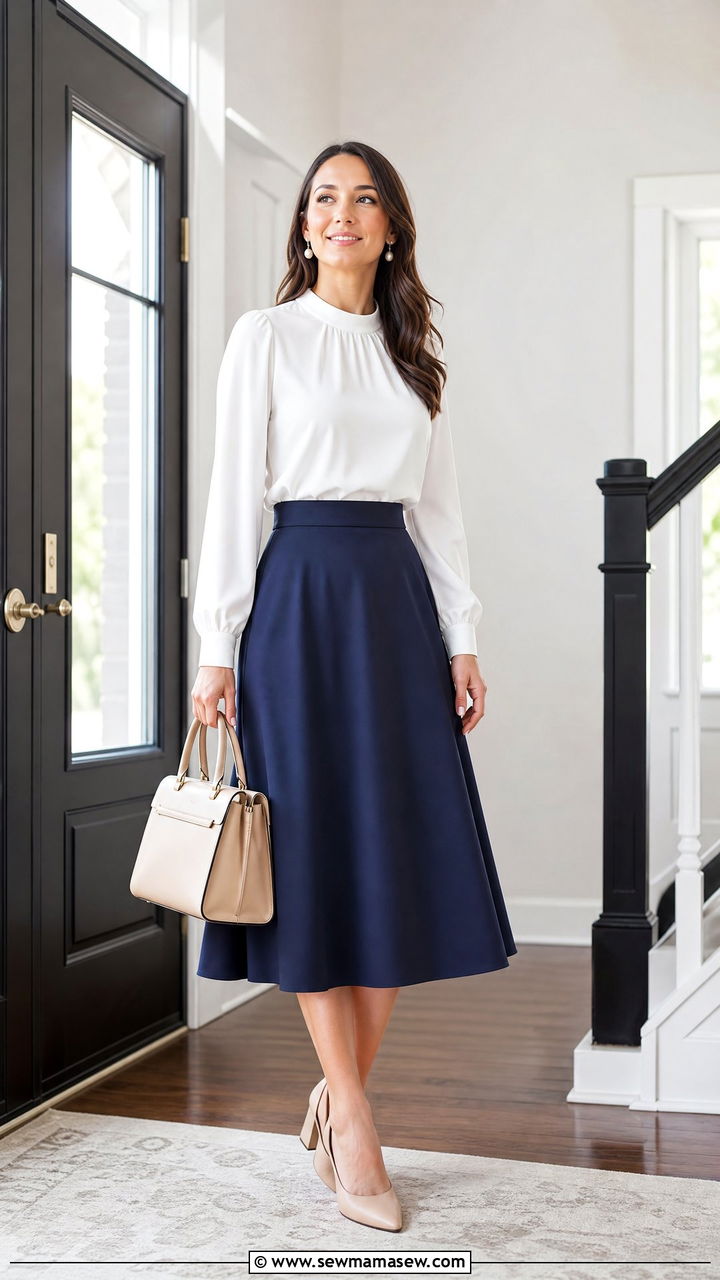 White Blouse With Midi Skirt Outfit - 20 church tops outfit ideas