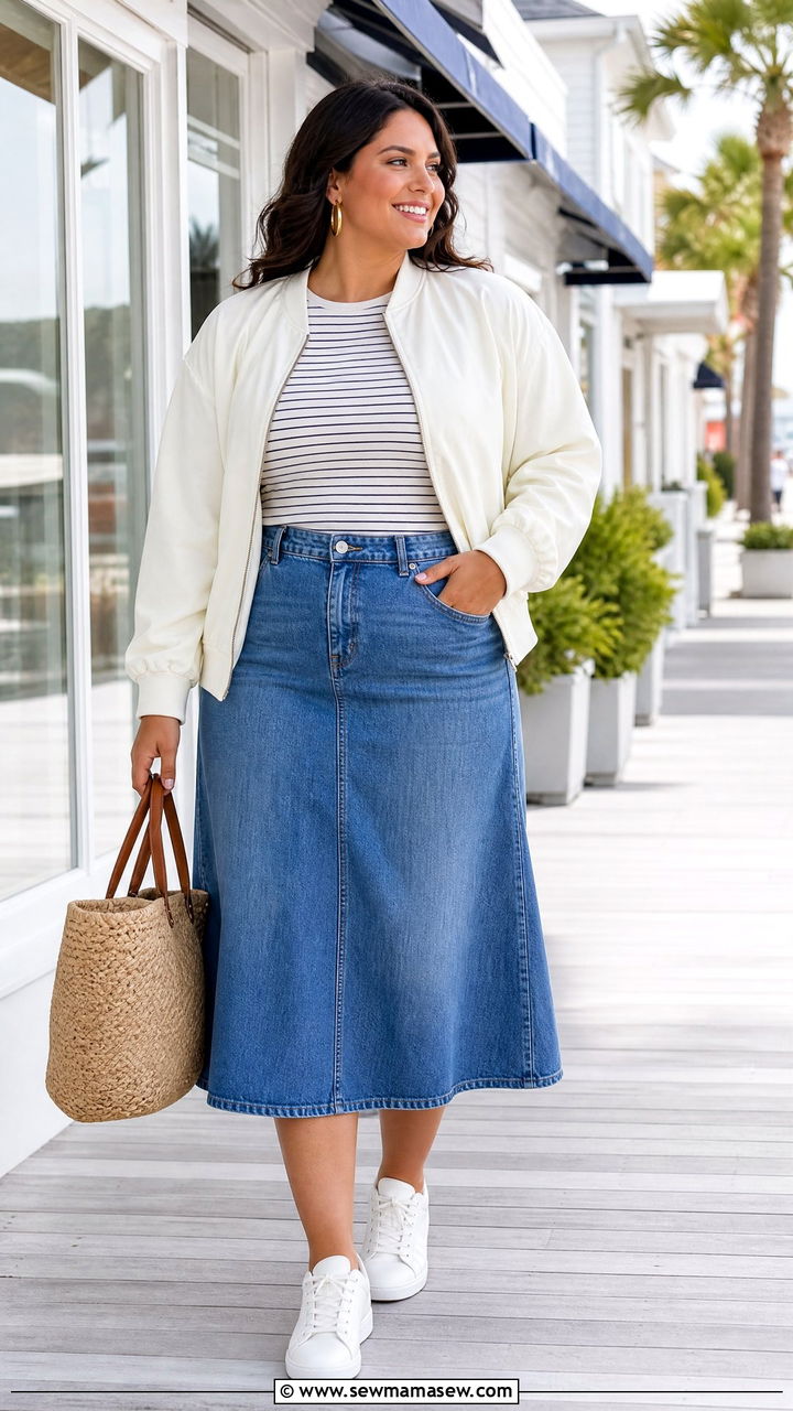 White Bomber Jacket With Denim Skirt - 20 plus size bomber jacket outfit ideas