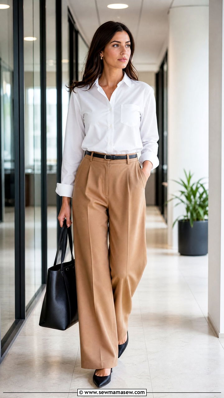 White Button Down Shirt With Wide Leg Trousers - 20 office tops outfit ideas