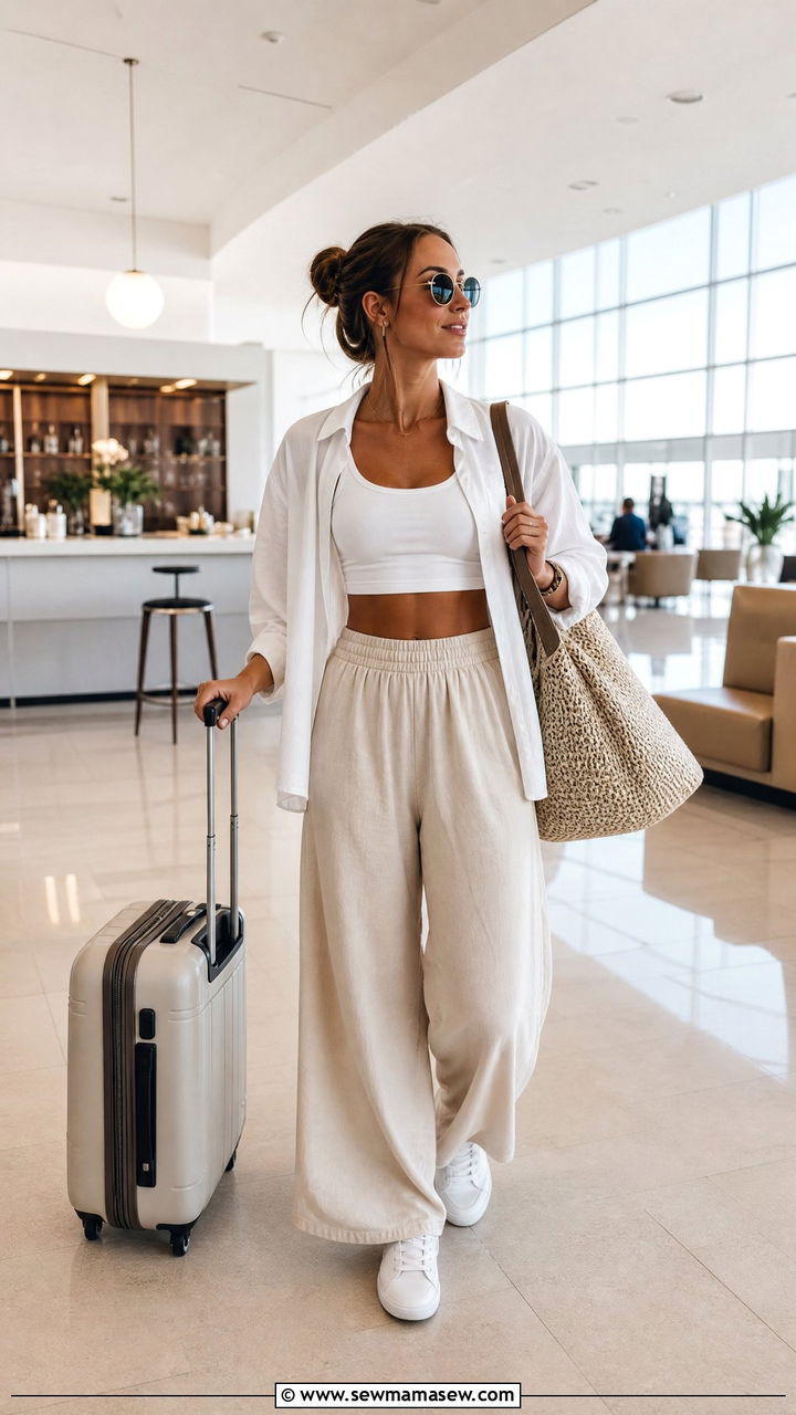 White Crop Top Airport Outfit With Wide Leg Pants - 20 crop top airport outfit ideas