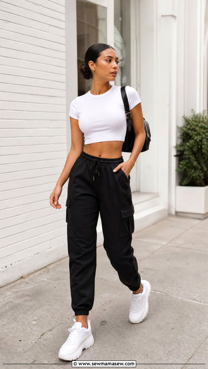 White Crop Top With Black Cargo Joggers Outfit - 20 crop top with cargo joggers outfit ideas