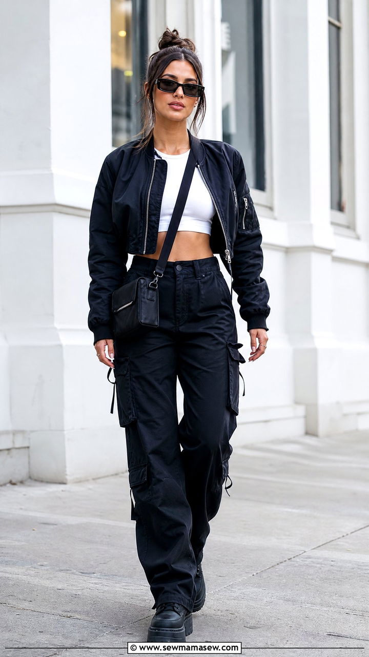 White Crop Top With Black Cargo Pants - 20 edgy crop top outfit ideas