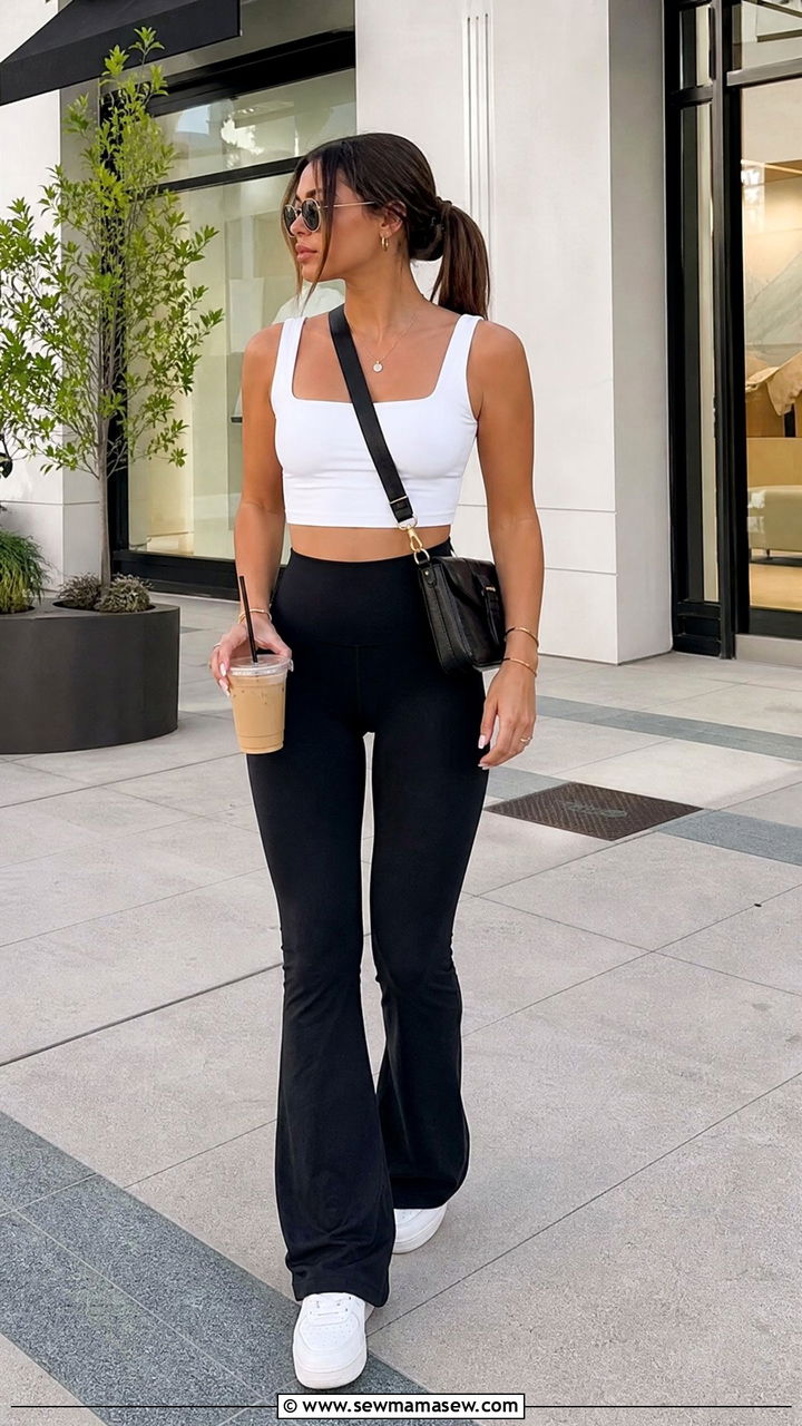 White Crop Top With Black Flare Leggings - 20 crop top with flare leggings outfit ideas