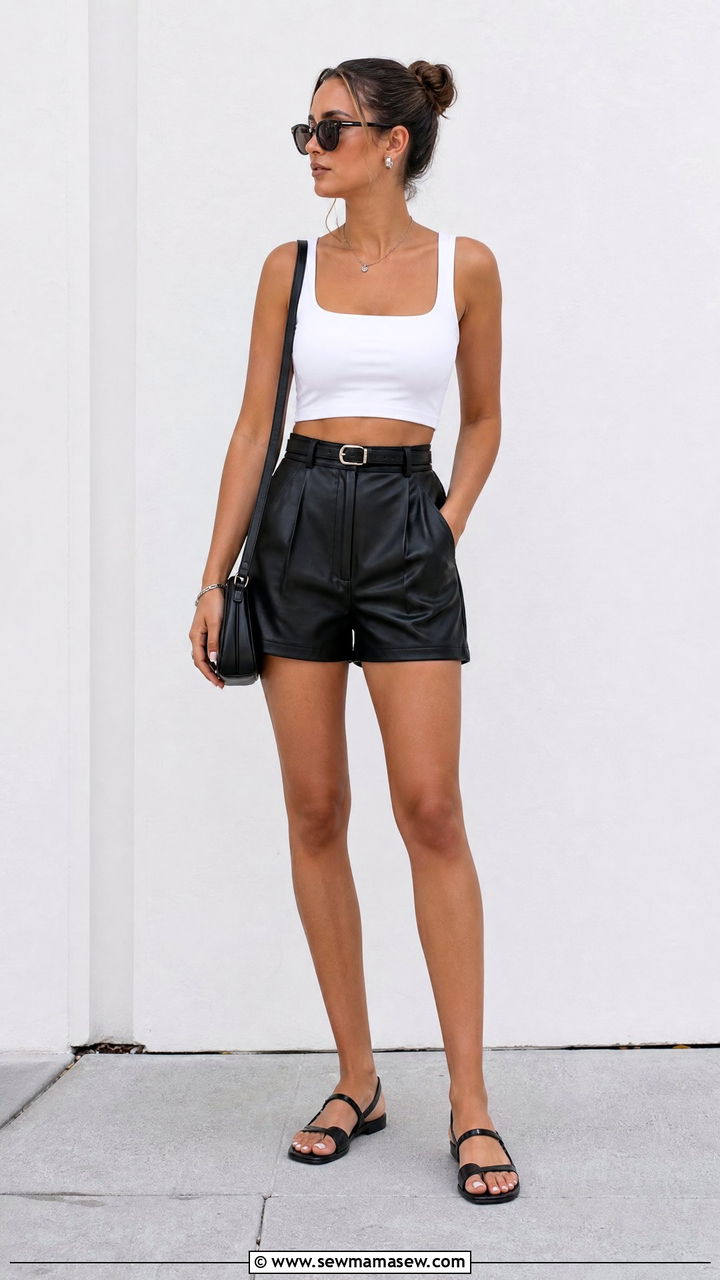 White Crop Top With Black Leather Shorts Outfit - 20 crop top with leather shorts outfit ideas