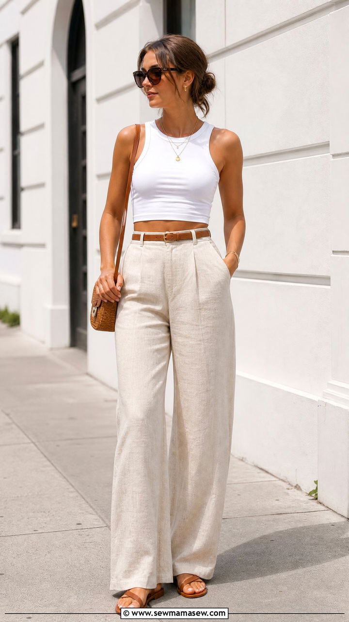White Crop Top With Linen Trousers - 20 minimalist crop top outfit ideas