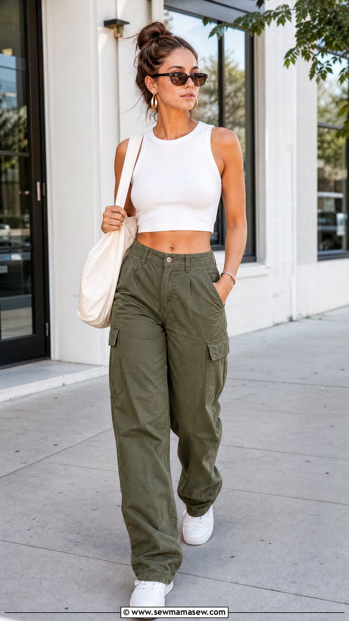 White Crop Top With Olive Cargo Pants Outfit - 20 crop top with cargo pants outfit ideas