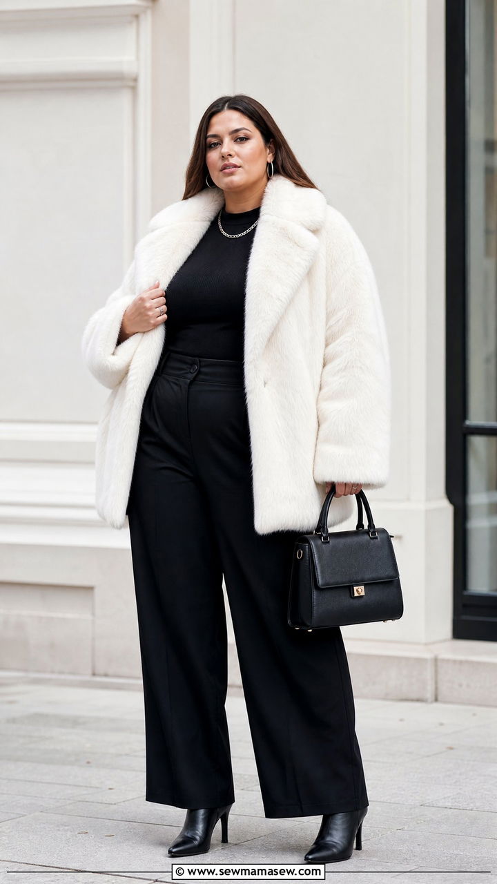 White Faux Fur Coat With All Black Outfit - 20 plus size faux fur coat outfit ideas