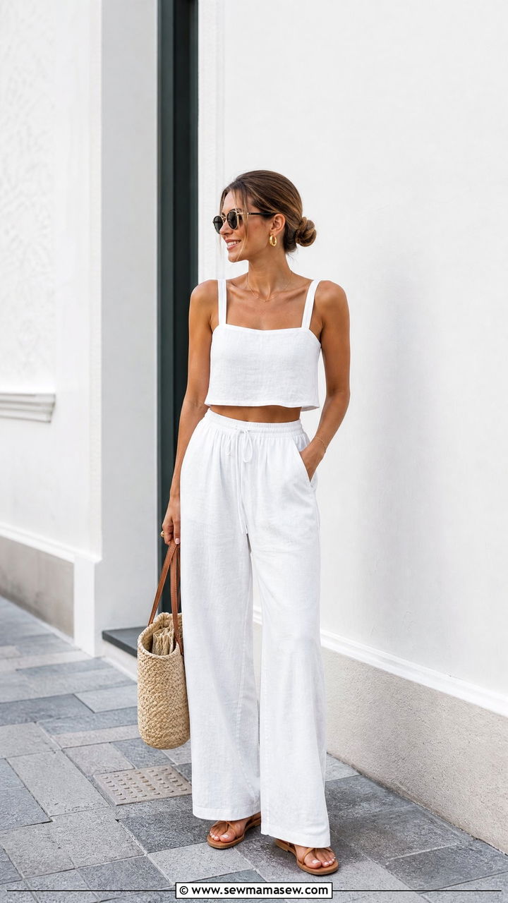 White Linen Crop Top With Wide Leg Linen Pants - 20 linen crop top summer outfit ideas