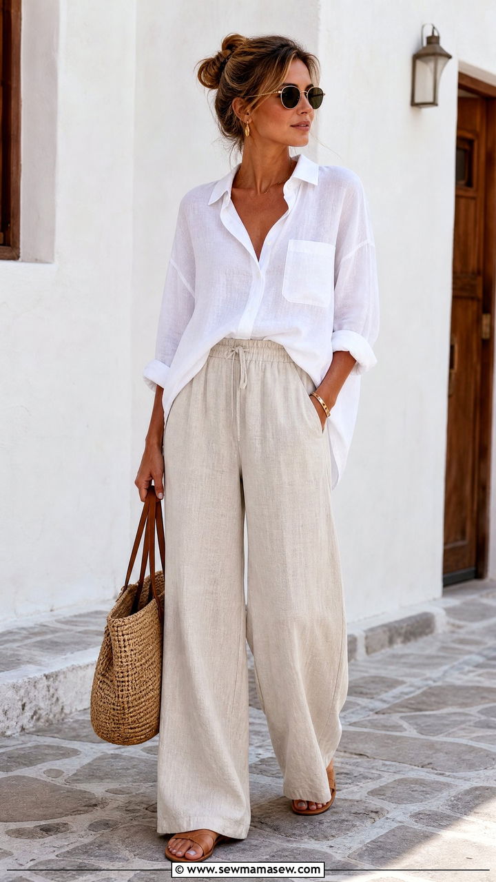 White Linen Shirt With Wide Leg Linen Pants - 20 linen shirt outfit ideas