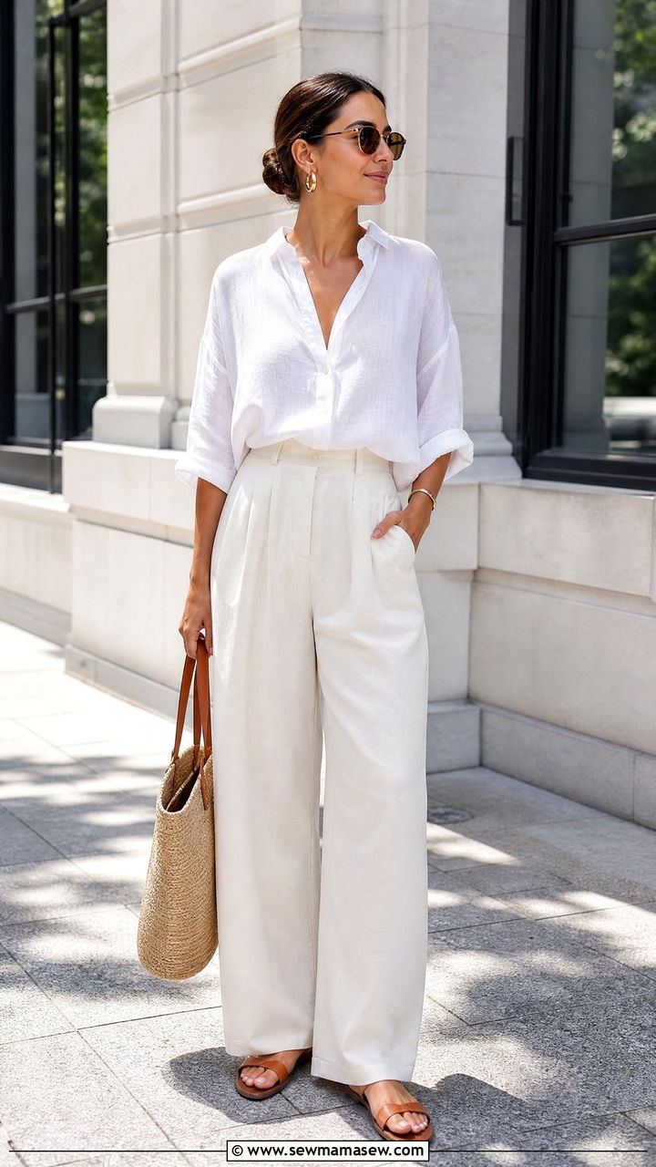 White Linen Top With Wide Leg Pants - 20 linen top outfit ideas