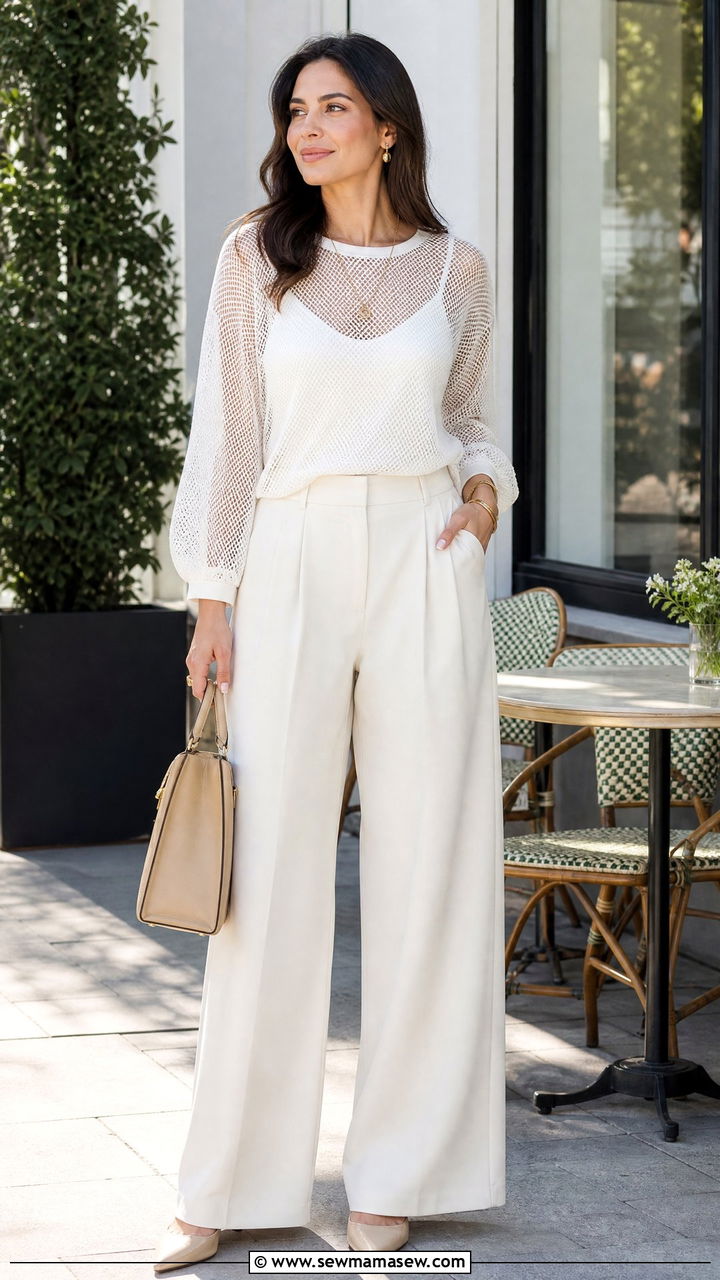 White Mesh Top Outfit With Wide Leg Pants - 20 mesh top outfit ideas