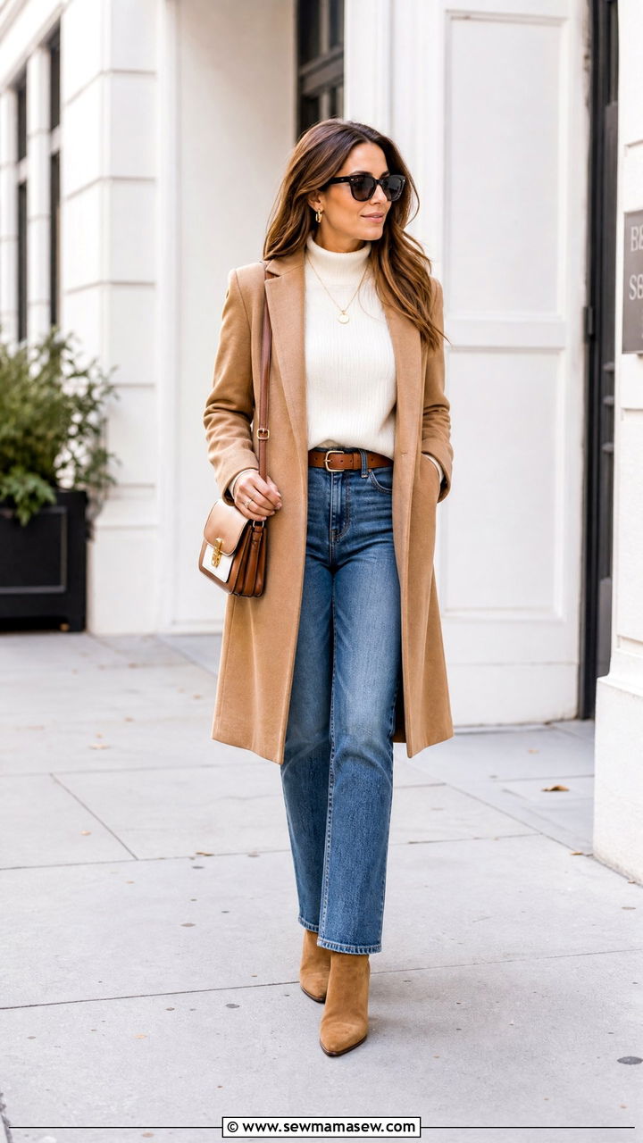 White Mock Neck Sweater With Blue Jeans - 20 mock neck sweater outfit ideas