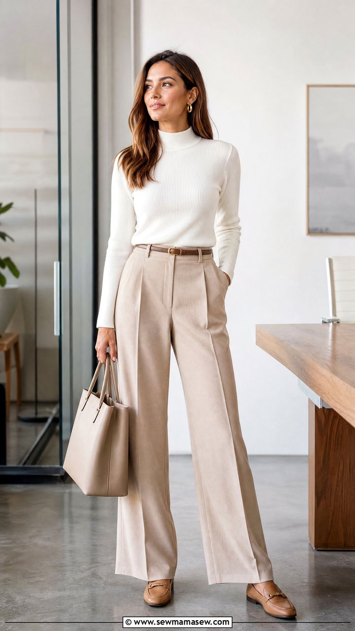 White Mock Neck Top With Wide Leg Trousers - 20 mock neck top outfit ideas