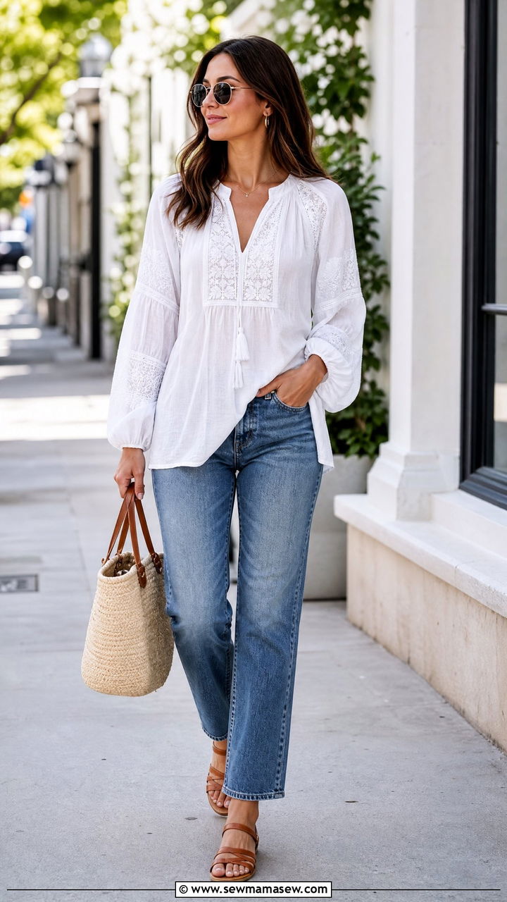 White Peasant Tunic Top With Straight Leg Jeans - 20 peasant tunic top outfit ideas