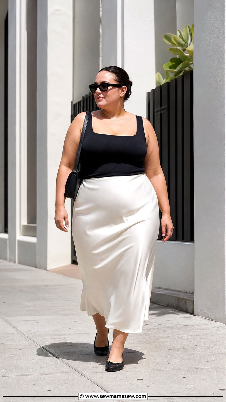 White Satin Skirt With Black Tank Top - 20 plus size satin skirt outfit ideas