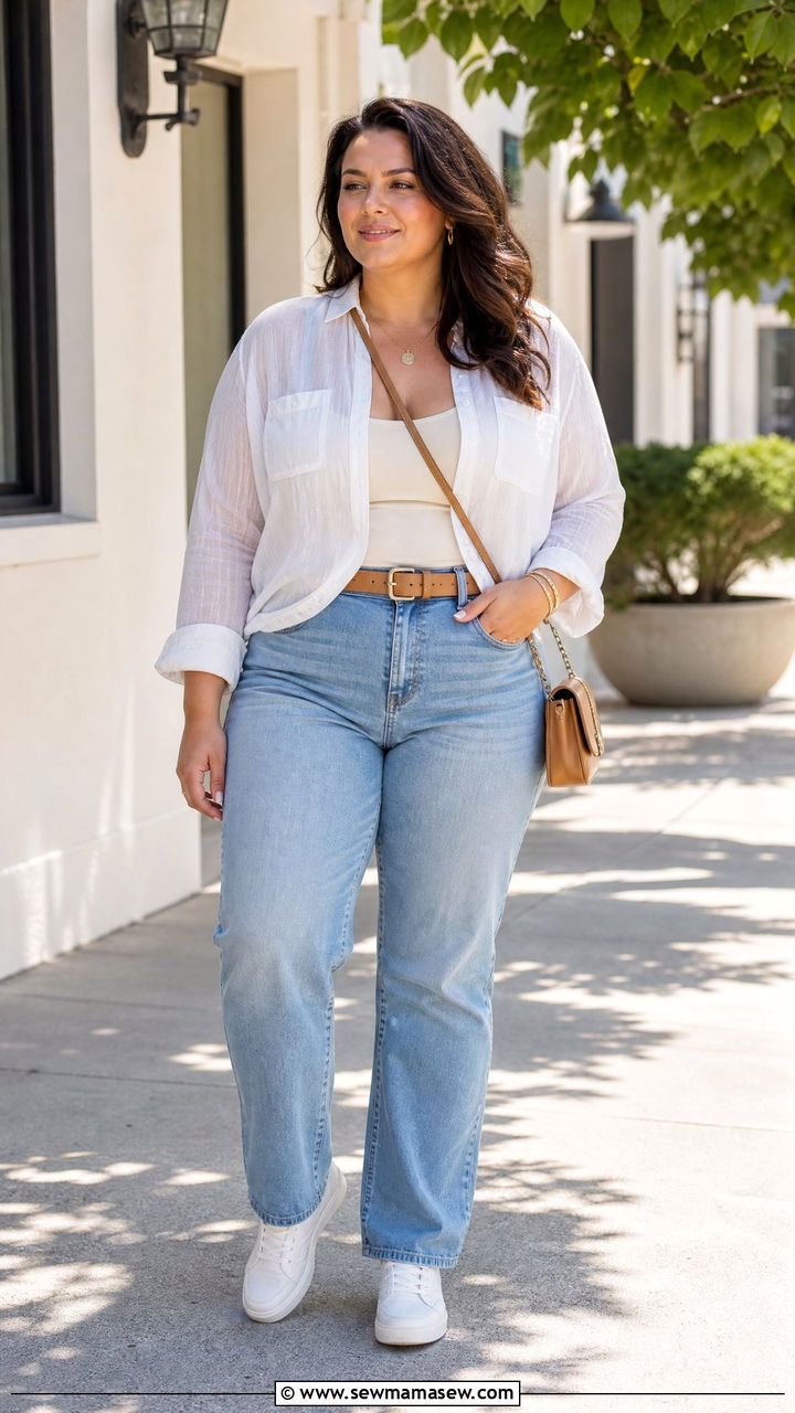 White Sheer Blouse With Straight Leg Jeans - 20 plus size sheer blouse outfit ideas