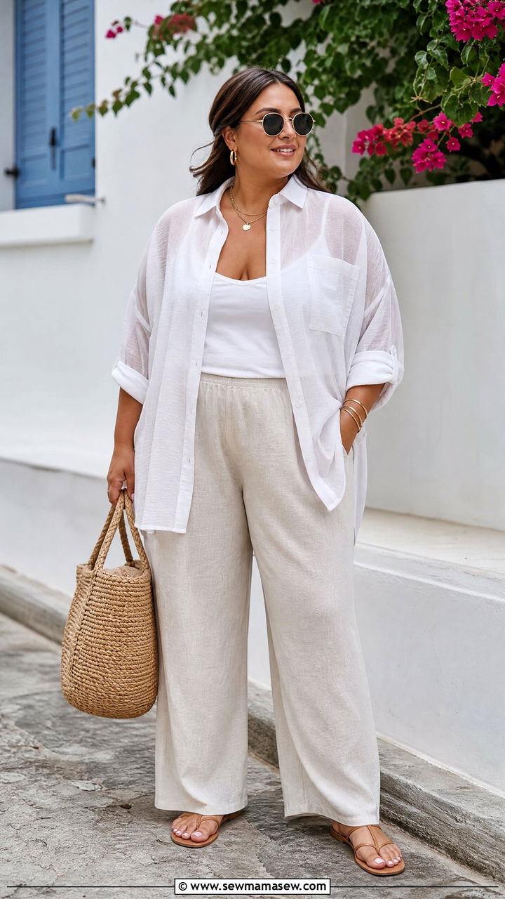White Sheer Button Down With Linen Pants - 20 plus size sheer top outfit ideas