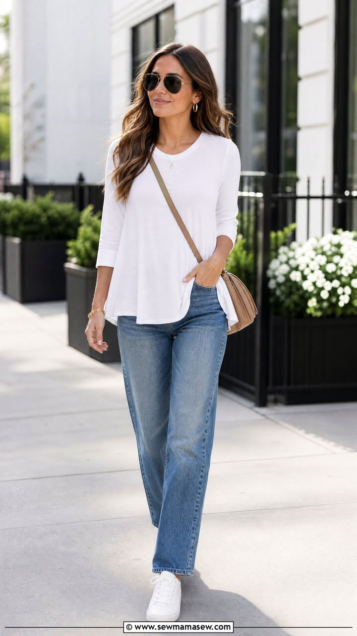 White Swing Top With Straight Leg Jeans - 20 swing top outfit ideas