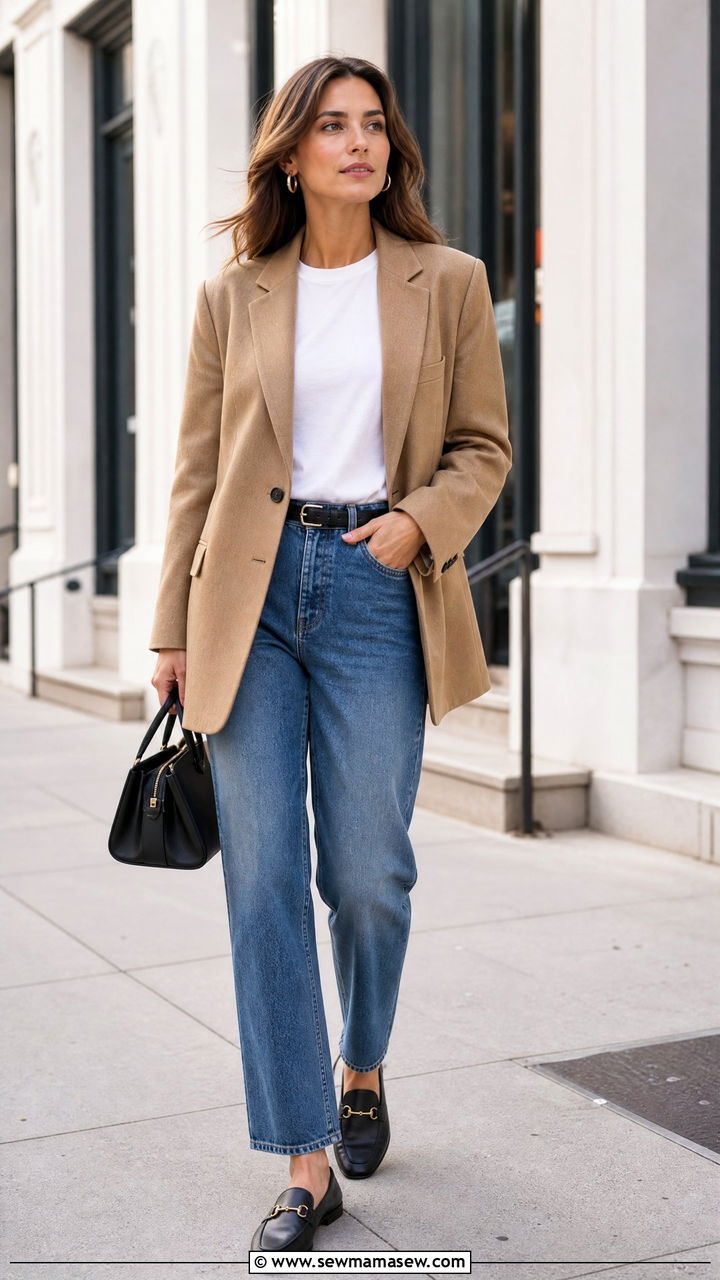 White Tee With Blazer And Jeans - 20 basic tee outfit ideas