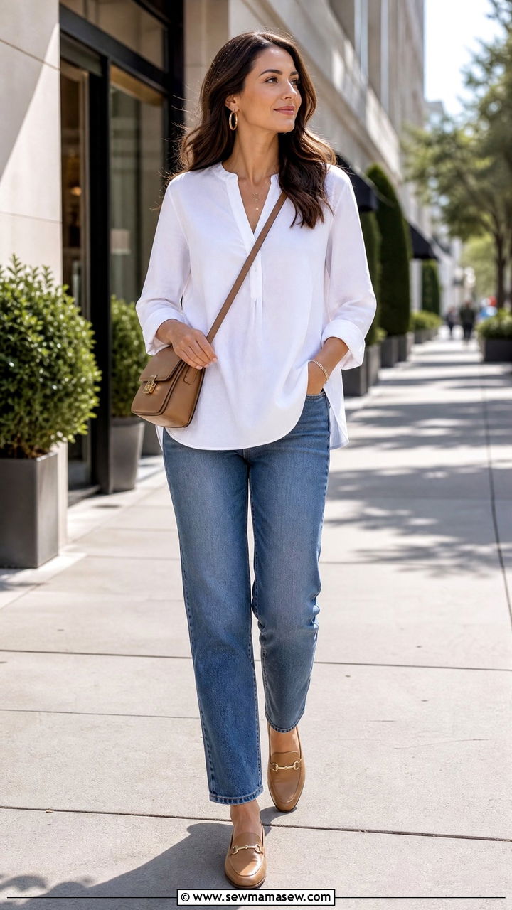 White Tunic Top With Straight Leg Jeans - 20 tunic top outfit ideas