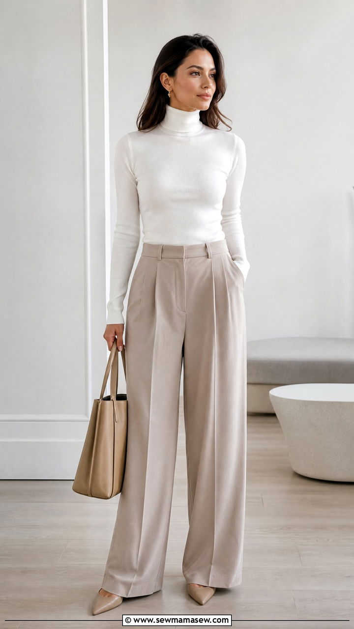 White Turtleneck Top With Wide Leg Trousers - 20 turtleneck top outfit ideas