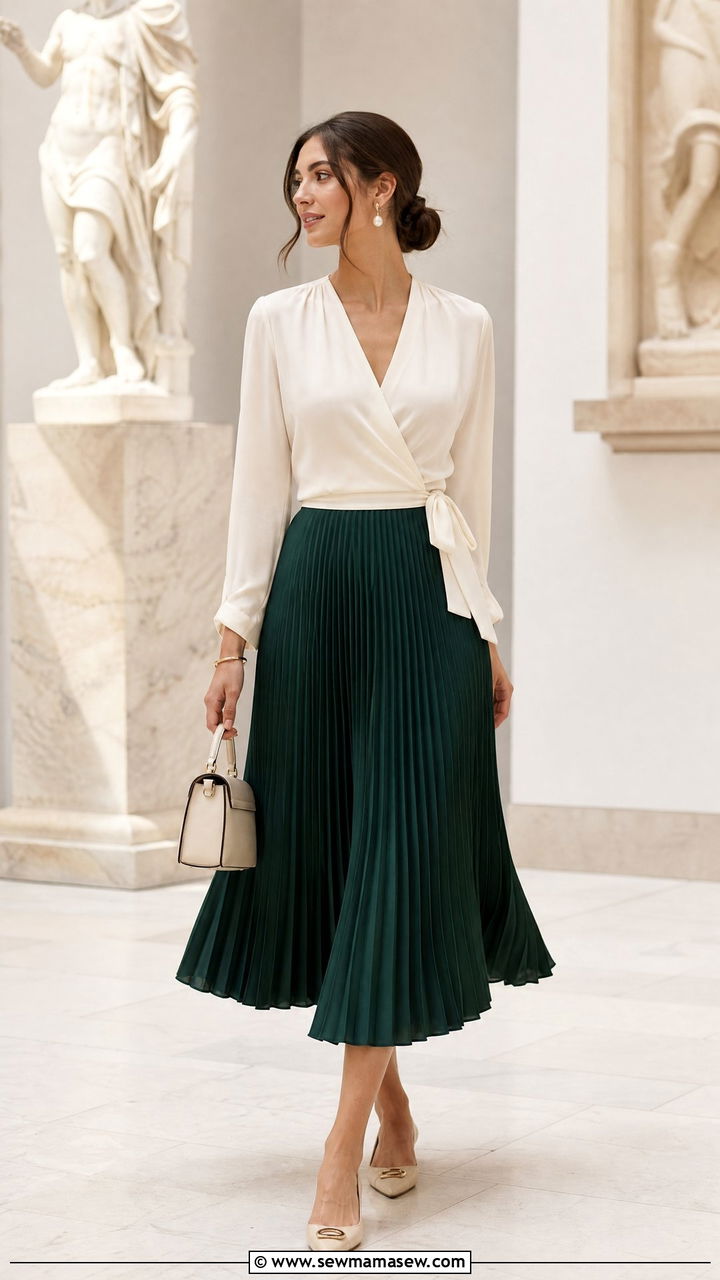 Wrap Blouse With Pleated Skirt - 20 wrap blouse outfit ideas