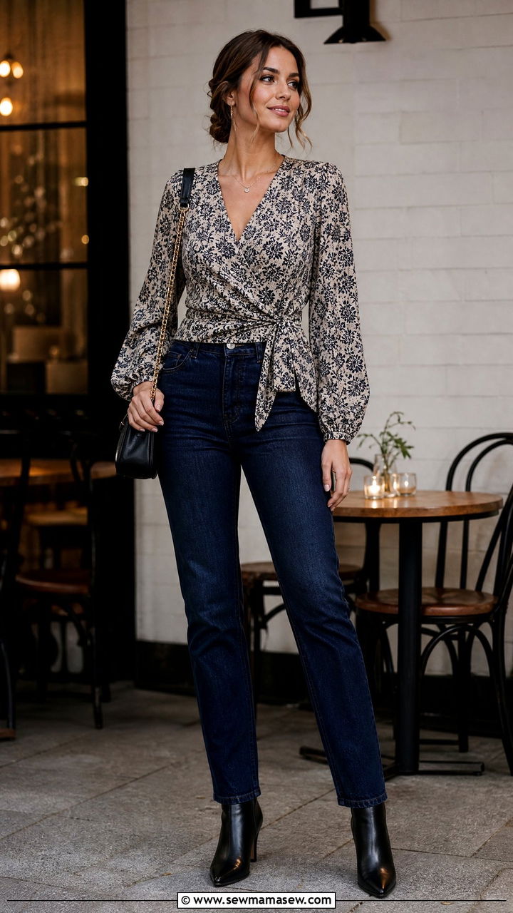 Wrap Top Date Night Outfit With Straight Leg Jeans - 20 date night top outfit ideas