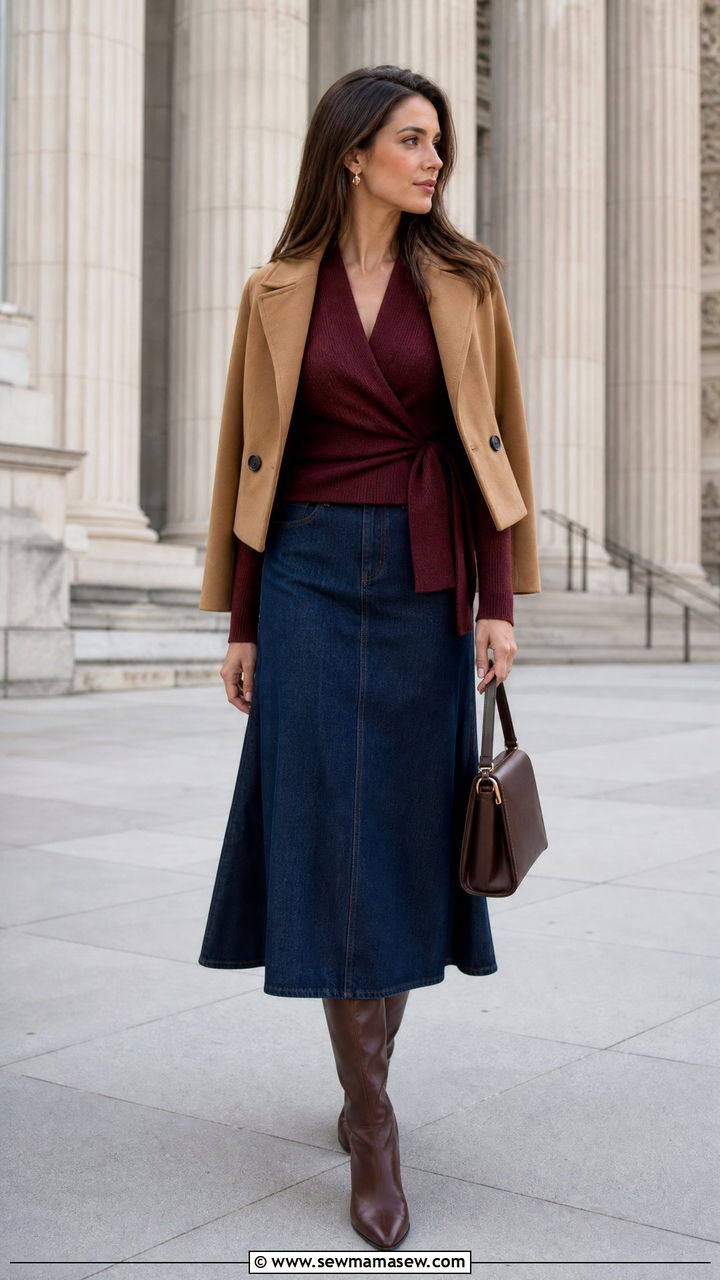 Wrap Top With A Line Midi Skirt - 20 fall top outfit ideas