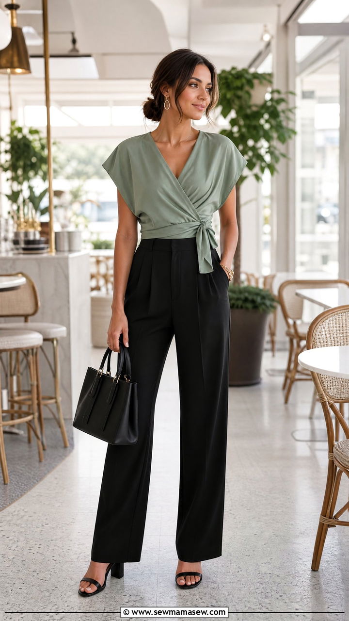 Wrap Top With Black Trousers - 20 brunch top outfit ideas