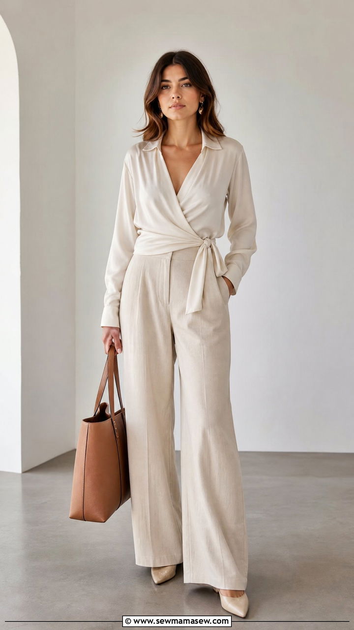 Wrap Top With Wide Leg Pants - 20 tops for big bust outfit ideas