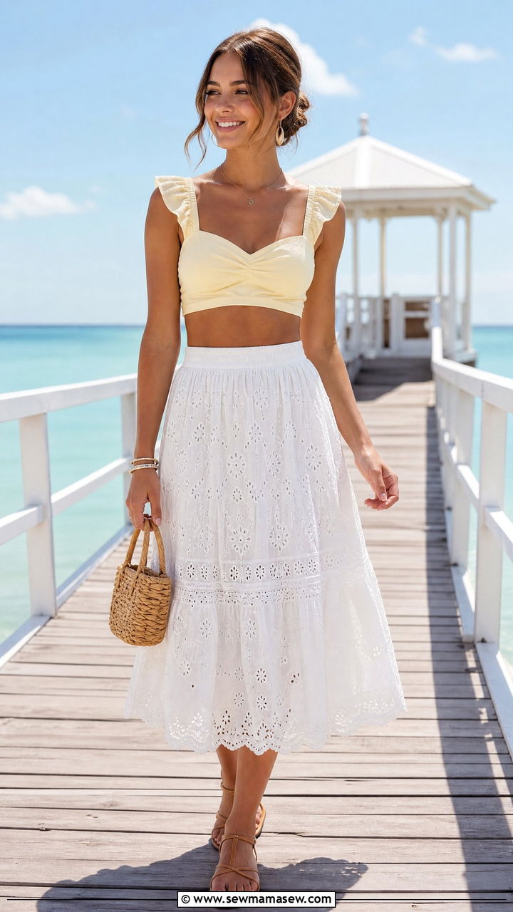 Yellow Beach Crop Top With White Skirt - 20 beach crop top outfit ideas