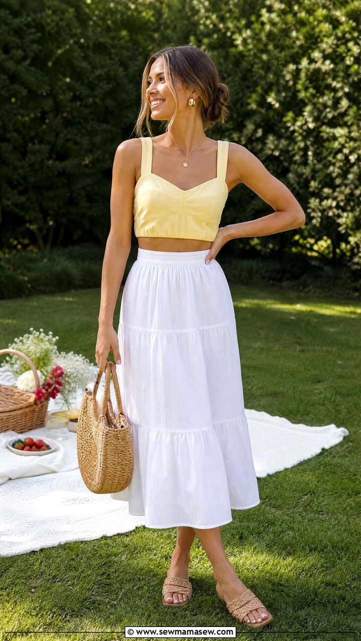 Yellow Crop Top And White Skirt Picnic Outfit - 20 summer crop top outfit ideas for a picnic