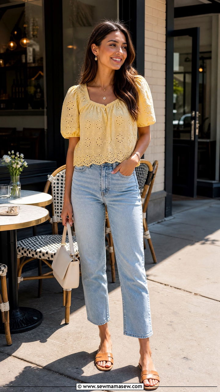 Yellow Eyelet Top With Light Wash Jeans - 20 eyelet top outfit ideas