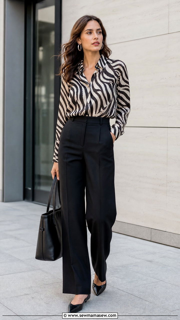 Zebra Print Top With Black Wide Leg Pants - 20 animal print top outfit ideas