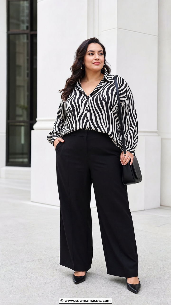 Zebra Print Top With Wide Leg Pants - 20 plus size animal print top outfit ideas