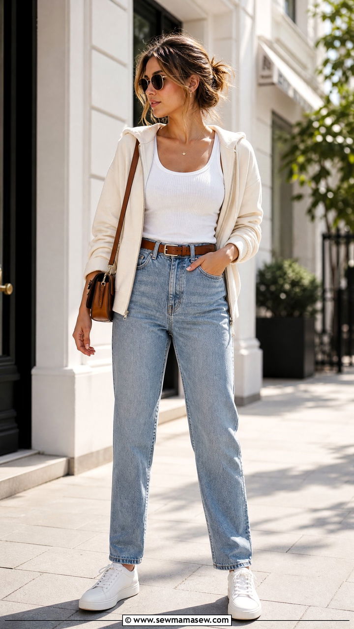 Zip Up Hoodie With Tank Top And Jeans Outfit - 20 hoodie outfit ideas