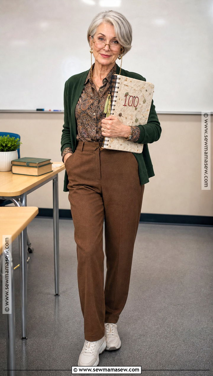 100 Year Old Teacher Costume With Cardigan And Slacks - 30 100 days of school dress up ideas for teachers