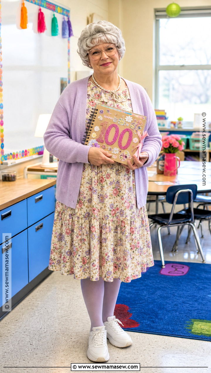 100 Year Old Teacher Costume With Floral Dress - 30 100 days of school dress up ideas for teachers